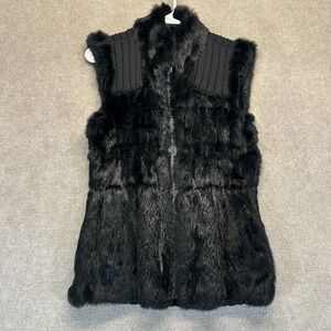 Linda Richards Luxury Reversible Vest Women's M Black Rabbit Fur Ruched Flaw
